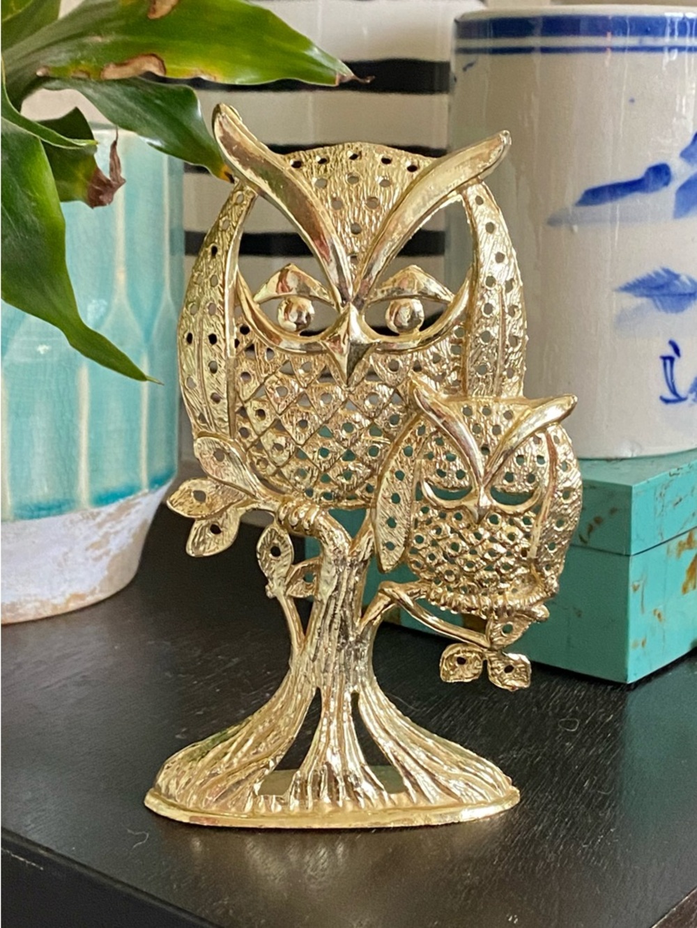 Vtg Torino Owl Mama Baby Gold Tone Earring Display Tree Jewelry Stand 5.5"